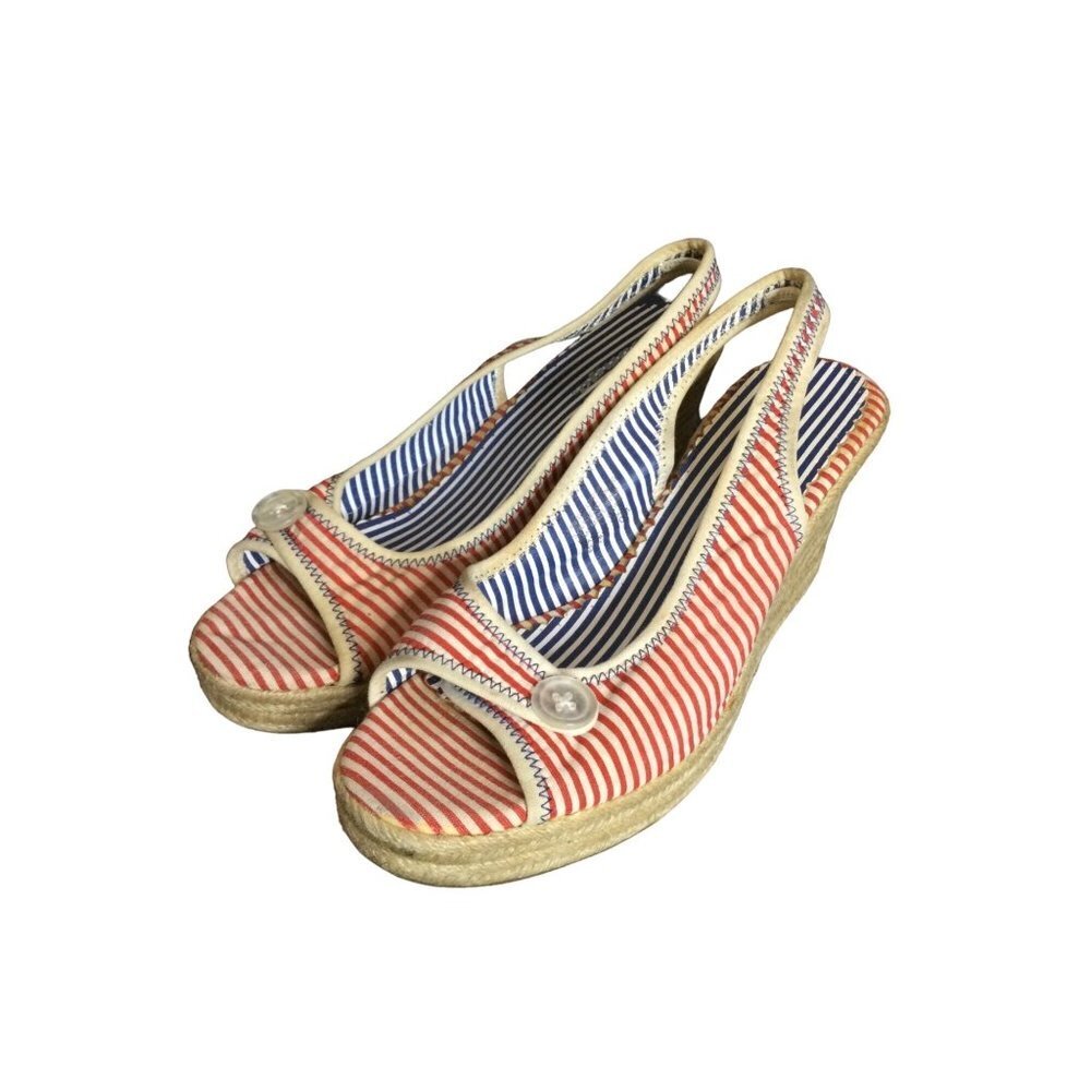 Bongo Women's Shoes Wedges Heel Striped Pearl Button Wrapped Red White Size 10M